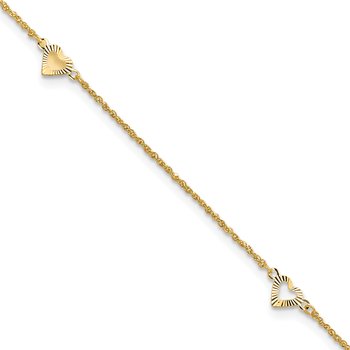 14k Diamond-cut Hearts 3-Station 9 inch Plus 1 inch Extender - Total 10 inch Anklet