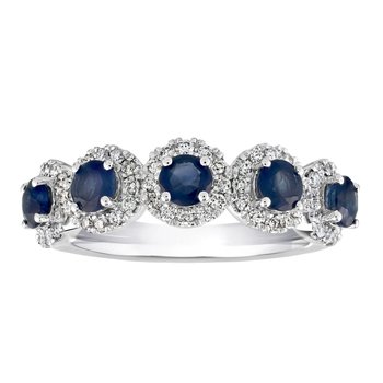 Ring: 14KW Round Halo Band 5 Blue Sapphire Stations 65 Stones 1.00 Ctw