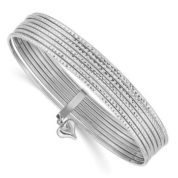 14K Oversize White Gold Polished and Textured with Dangle Heart 7-Strand 11.00mm Slip-on Round Bangle Bracelet