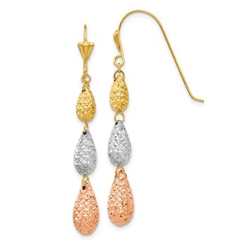 14k Tri-color Puff Diamond-cut Teardrop Dangle Earrings