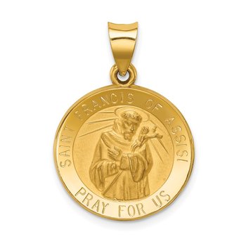 14k Polished and Satin St Francis of Assisi Medal Hollow Pendant
