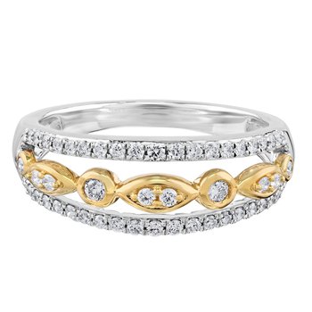 14K Two Tone Marquise & Round Shapes Diamond Set Center Row Diamond Rails Ring Diamond 0.33 Ctw