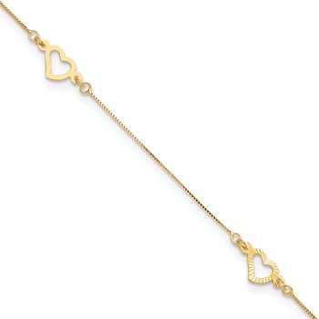 14K Fancy Open Hearts 3-Station 9 inch Plus 1 inch Extender - Total 10 inch Anklet