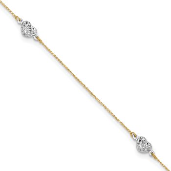 14k Two-tone Diamond-cut Triple Puffed Hearts 9 inch Plus 1 inch Extender - Total 10 inch Anklet