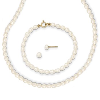 14k 3-5mm White Freshwater Cultured Pearl 14 inch Necklace, 5 inch Bracelet and Post Earrings Set