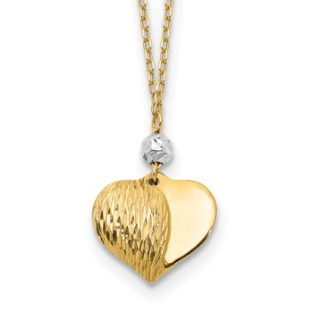 14K Two Tone Polished Diamond-cut Puffed Heart and Bead Pendant 18 inch Necklace