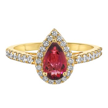 RedVelvet™ 14K Yellow Gold Pear Shape Color Center Halo with Prong Set Shoulders Ring 1.22 Ctw Natural Rubellite