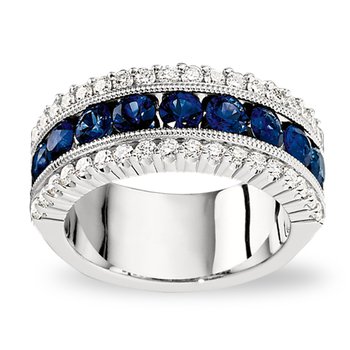 Majestic Gems™ 14k White Gold Channel Set Color Center Row with Diamond Rails Blue Sapphire & Diamond 1.07 Ctw