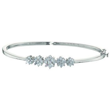14K White Gold 5 Baguette & Round Flowers Hinged Bangle Diamond 1.00 Ctw