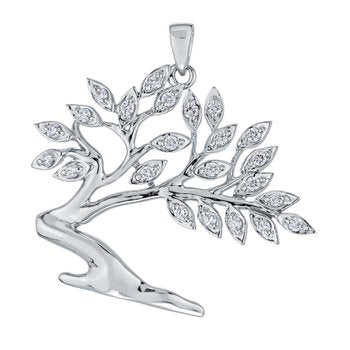 14K White Gold Pendant Divi Tree Prong Set Leaves Diamond 0.20 Ctw