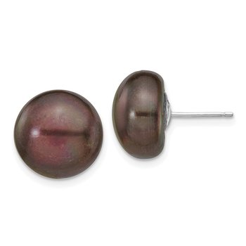 14k White Gold 12-13mm Black Button Freshwater Cultured Pearl Stud Post Earrings