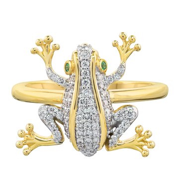 ZooLightful™ 14K Yellow Gold Pave Set Frog Emerald Eyes Polished Shank Ring Diamond 0.33 Ctw