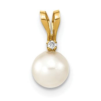 14k 5-6mm White Round Akoya Saltwater Cultured Pearl and .01 Carat Diamond Pendant