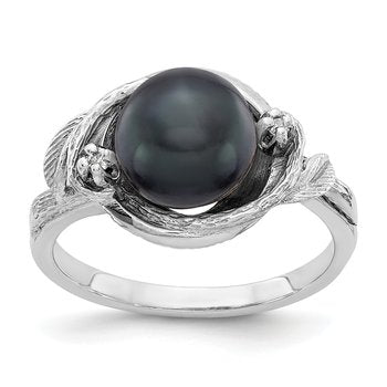 14k White Gold 7.5mm Black FW Cultured Pearl A Diamond ring
