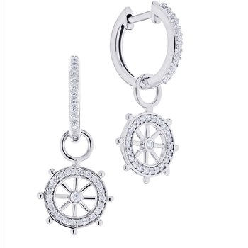 BluSea™ 14k White Gold Earrings Ships Wheel on Hoops Bezel Set Center Diamond 0.50 Ctw
