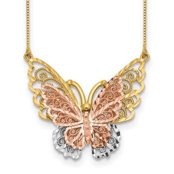 14k Yellow and Rose Gold with White Rhodium Large Filigree Butterfly 18 inch Necklace