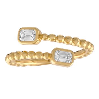 14K Yellow Gold Ring: 14KY Beaded Open Ended Bypass Emerald Cut Bezel Set 2 Dias. 2/5 Ctw Diamond Ring 0.40 Ctw