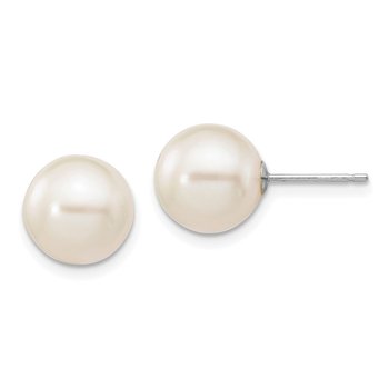 14k White Gold 9-10mm White Round Freshwater Cultured Pearl Stud Post Earrings