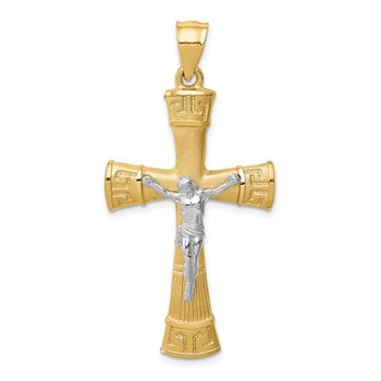 14K Two-tone Brushed & Polished Greek Key Crucifix Pendant