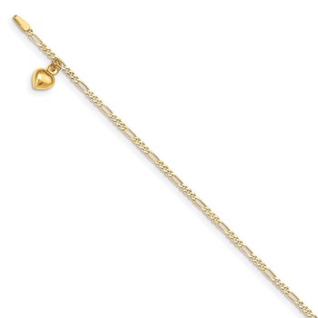 14k Figaro Link Chain with Dangling Puffed Heart 10 inch Anklet