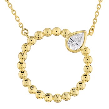 14K Yellow Gold Beaded Circle with Bezel Set Pear Shape Diamond Necklace 0.20 Ctw