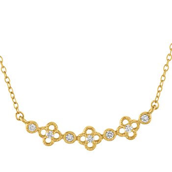 10K Yellow Gold 3 x 4 Leaf Clovers Bezel Set Between Diamond Necklace 0.10 Ctw