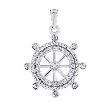BluSea™ 14k White Gold Pendant Ships Wheel Bezel Set Diamonds Twisted Wire Frame Diamond 0.15 Ctw