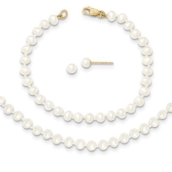 14k 3-4mm White Freshwater Cultured Pearl 14 inch Necklace, 5 inch Bracelet and Post Earrings Set