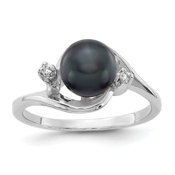 14k White Gold 7mm Black FW Cultured Pearl A Diamond ring