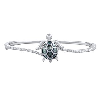 Oceanity™ 14K White Gold Bangle Enamel Turtle Bypass with Pave Flippers Diamond 0.54 Ctw