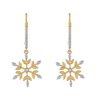 14K Yellow Gold Earrings 6 Spokes with Leaves Bezel Center Drop on Diamond Set Bars Diamond 0.22 Ctw