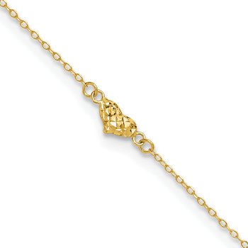 14k Polished Diamond-cut Triple Puffed Hearts 9 inch Plus 1 inch Extender - Total 10 inch Anklet