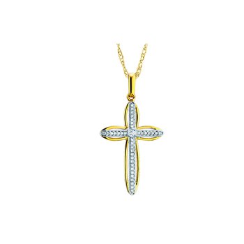 14K Two Tone Pendant Cross with Bead Set Center Polished Surrounds Diamond 0.10 Ctw