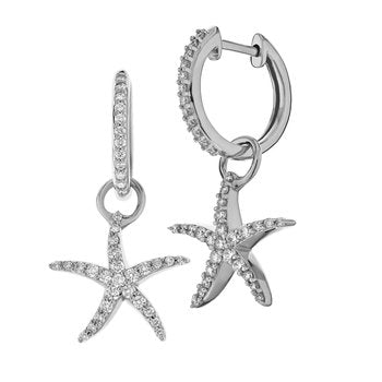 OCEANITY ™ 14k White Gold Earrings Diamond Set Hoops with Pave Dangling Starfish Charms Diamond 0.50 Ctw