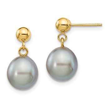 14k 8-9mm Grey Rice Freshwater Cultured Pearl Post Dangle Earrings