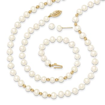 14k 6-7mm White Semi-Round Freshwater Cultured Pearl 18 inch Necklace/7.25 in Bracelet/Button Post Earrings Set