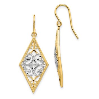 14K & Rhodium Diamond Shape Filigree Dangle Earrings