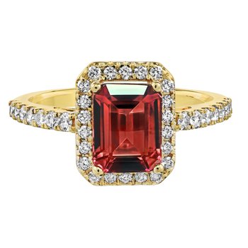 RedVelvet™ 14K Yellow Gold Emerald Cut Center with Halo Prong Set Shoulders Ring 2.38 Ctw Natural Rubellite