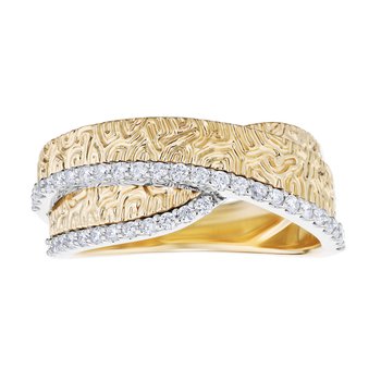 14K Two Tone Wide Textured Freeform with Bead Set Bypass Diamond Ring 0.33 Ctw