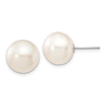14k White Gold 11-12mm White Button Freshwater Cultured Pearl Stud Post Earrings