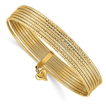 14K Polished and Textured with Dangle Heart 7-Strand 11.00mm Slip-on Round Bangle Bracelet