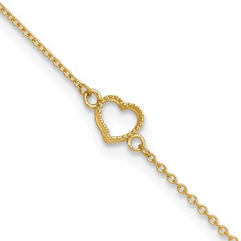 14K Textured and Polished Open Heart 9 inch Plus 1 inch Extender - Total 10 inch Anklet