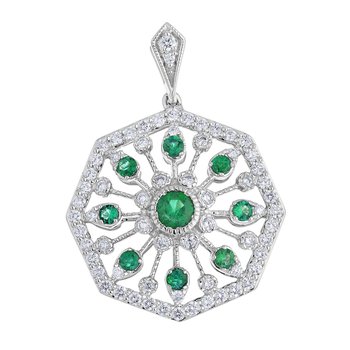 Vintage Treasures™ 14k White Gold Octagonal Open Filigree with Bezel Set Stones Pendant Diamond & Emerald 1.10 Ctw