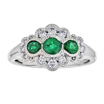 Vintage Treasures™ 14k White Gold 3 Bezel Set Centers with Milgrain Ring Diamond & Emerald Round 0.82 Ctw