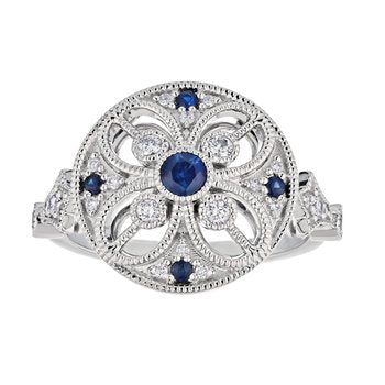 Vintage Treasures™ 14k White Gold Round Art Deco Style Bezel Set Center Ring Diamond & Blue Sapphire 0.51 Ctw