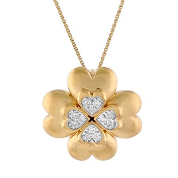 10K Yellow Gold 4 Leaf Clover with Hearts Diamond Necklace 0.10 Ctw