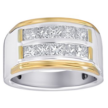 Shefian™ 14K Two Tone Ring Men's Double Row Princess Cuts Channel Set Diamond 2.00 Ctw