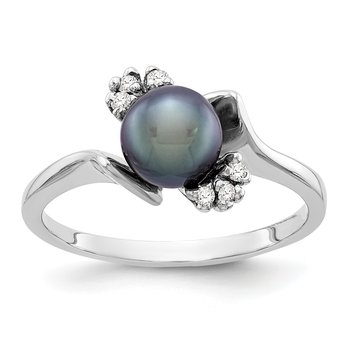 14k White Gold 6mm Black FW Cultured Pearl A Diamond ring