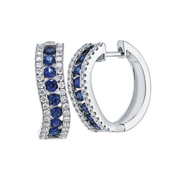 Majestic Gems™ 14k White Gold Channel Set Color Pave Rails Slight Curve Hoops Blue Sapphire & Diamond 1.25 Ctw