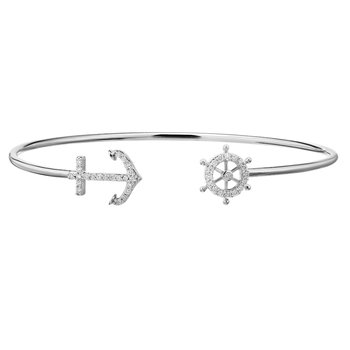 BluSea™ 14k White Gold Bangle Sailor's Anchor & Wheel Open Ended Diamond 0.25 Ctw